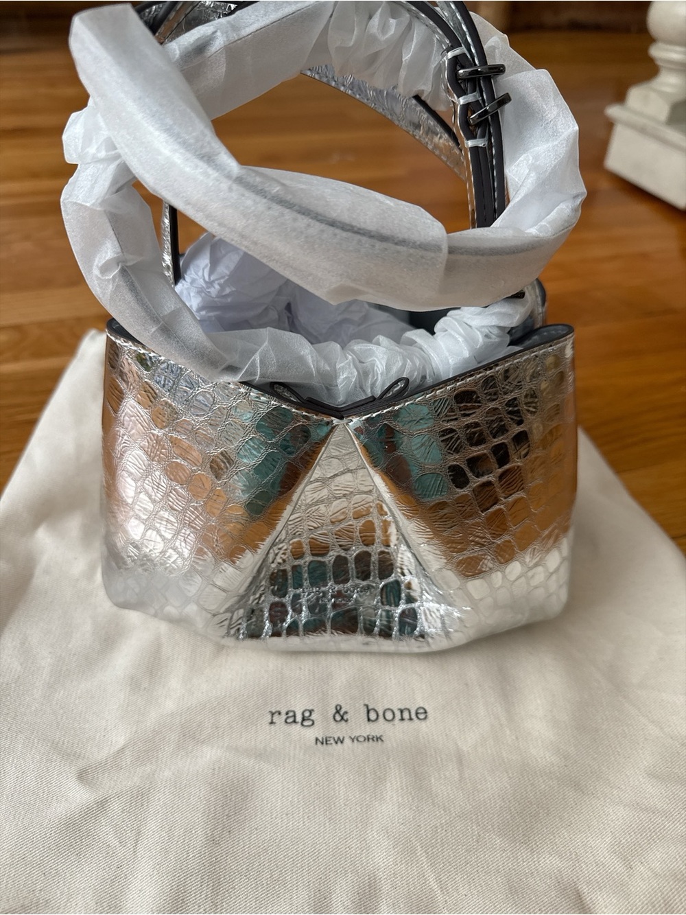 rag & bone Metallic Silver Croc-Embossed Mini Top-Handle Bag